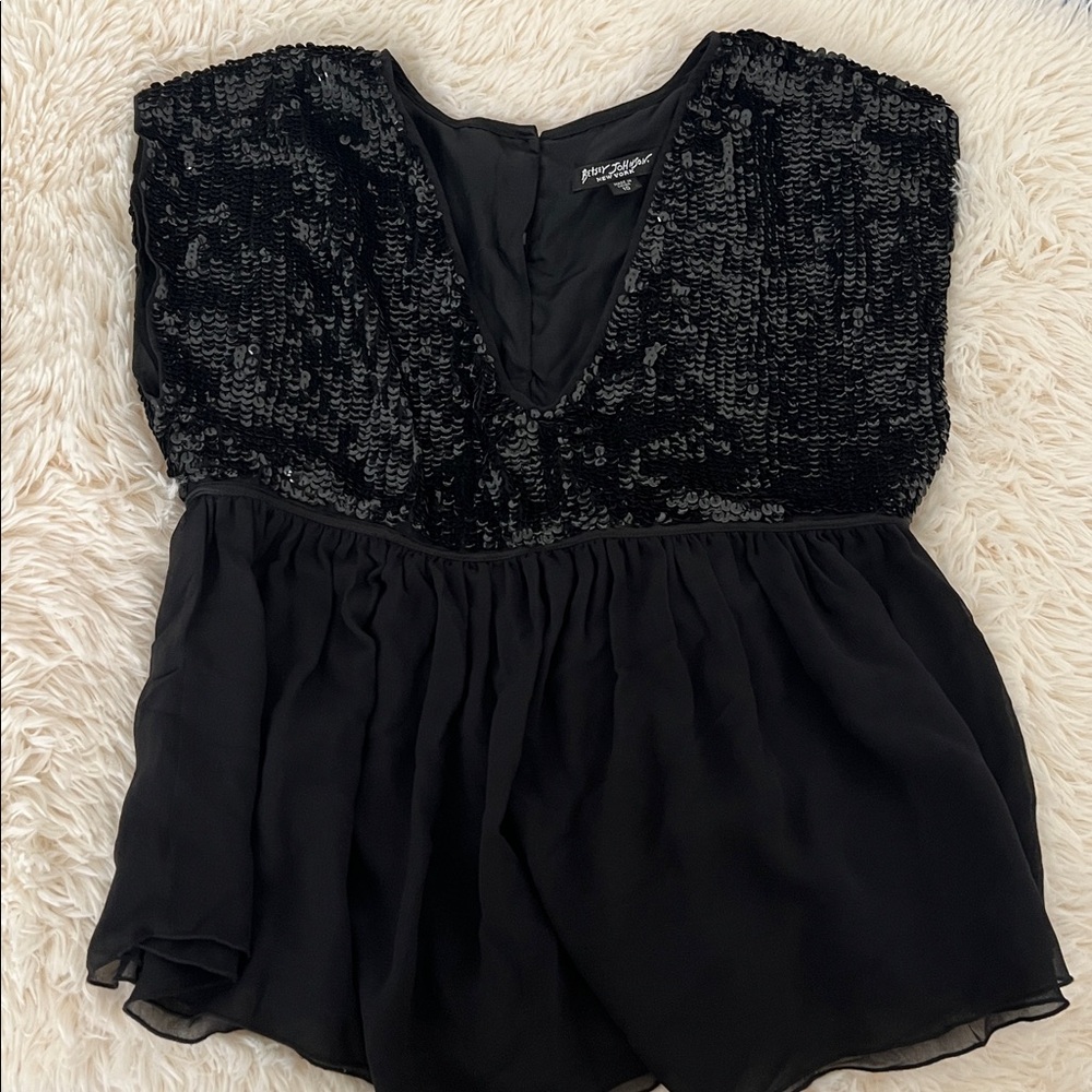 Betsey Johnson Black Sequin Silk Blouse